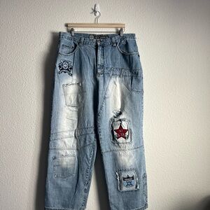 Nōiz Jeans men’s w:40 L:32 Blue Patchwork Jeans with Star and Shield Patches